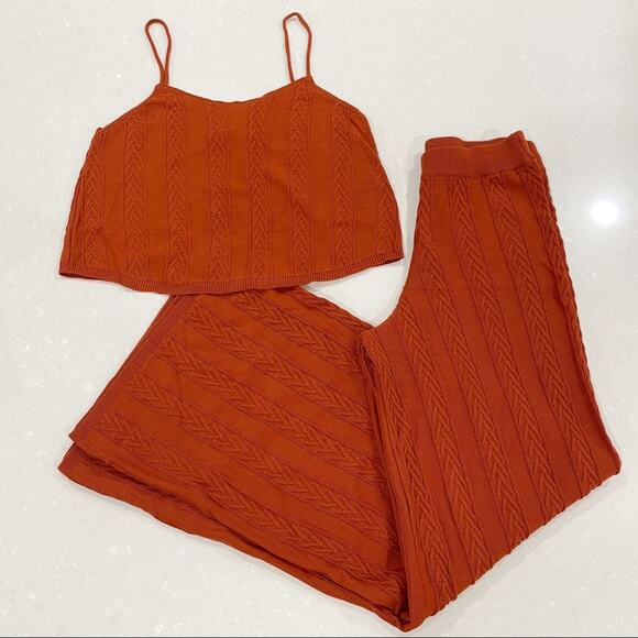Anthropologie Cable Knit Wide Leg Pant Tank Top Set Burnt Orange XS - Picture 3 of 15